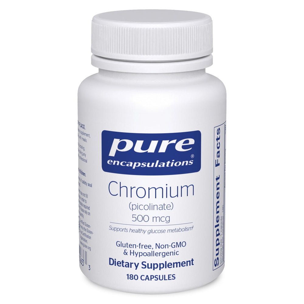 Pure Encapsulations Chromium Picolinate bottle shows 500 mcg capsules for metabolism support