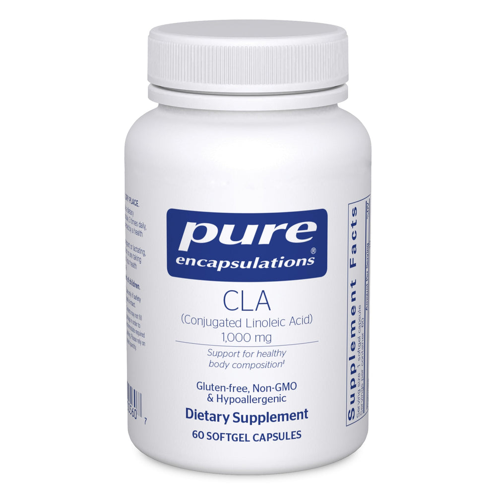 Pure Encapsulations CLA 1,000 mg bottle ready for daily supplementation.