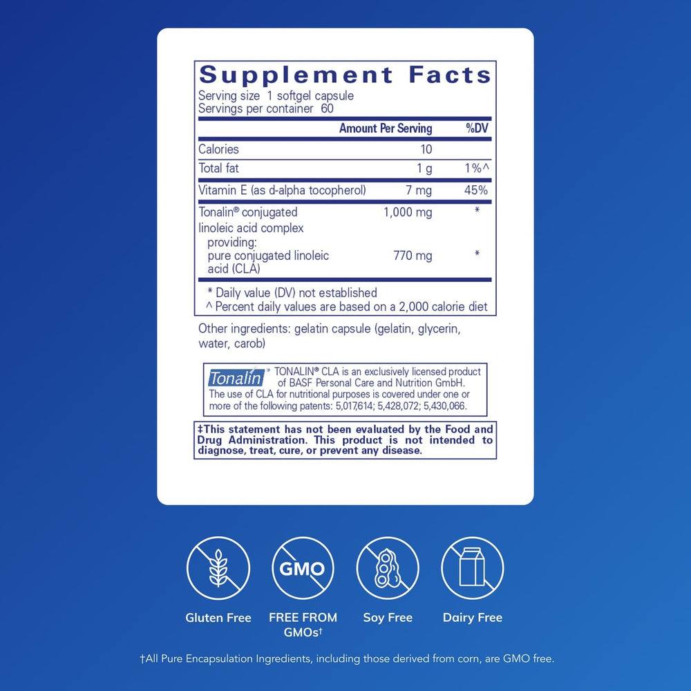 Pure Encapsulations CLA softgel capsules, convenient daily capsules.
