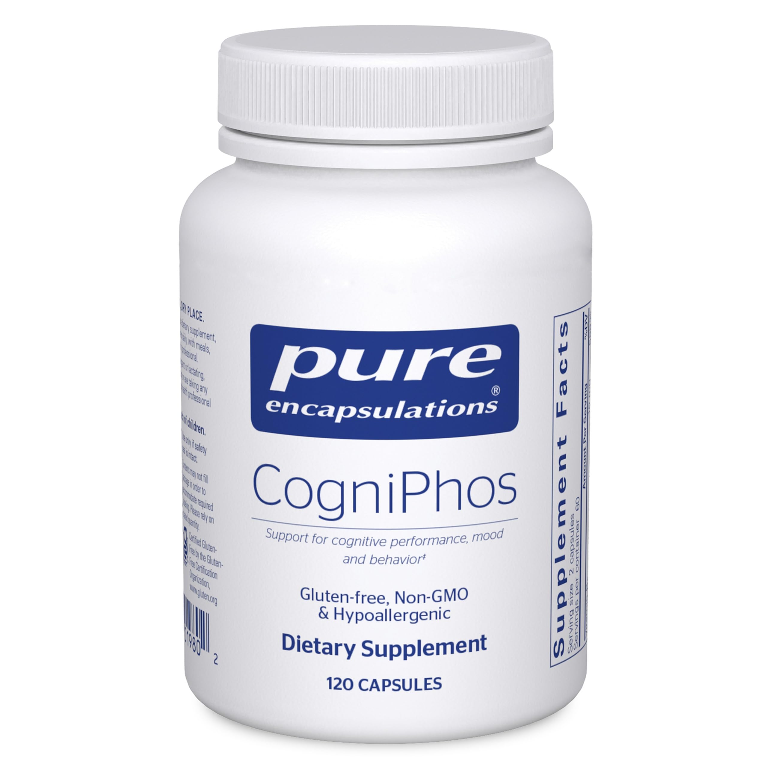 Pure Encapsulations CogniPhos bottle front signaling cognitive support potential.