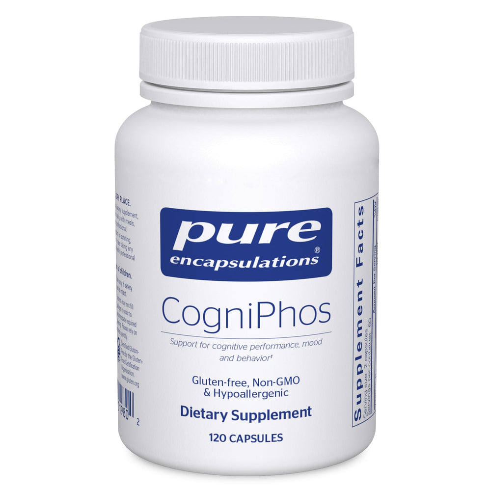 Pure Encapsulations CogniPhos bottle front signaling cognitive support potential.
