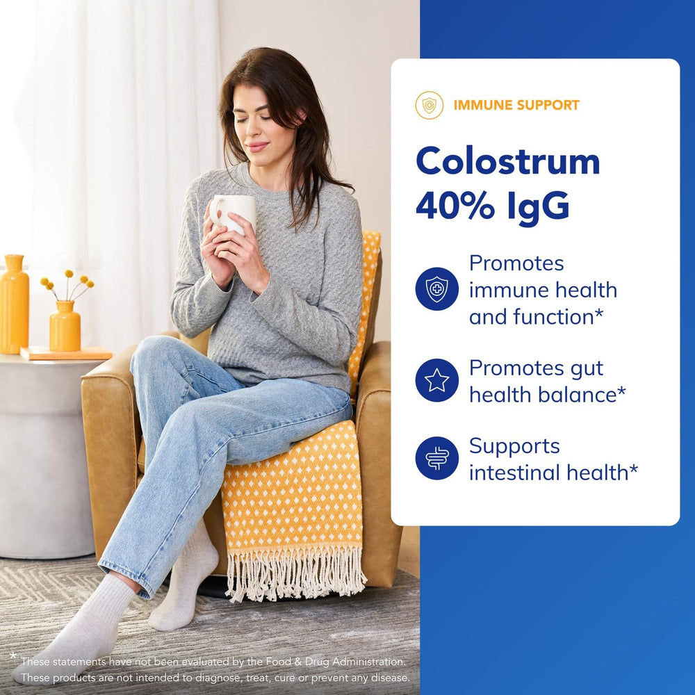 Pure Encapsulations colostrum bottle on shelf emphasizing clean labeling and allergen-free formula