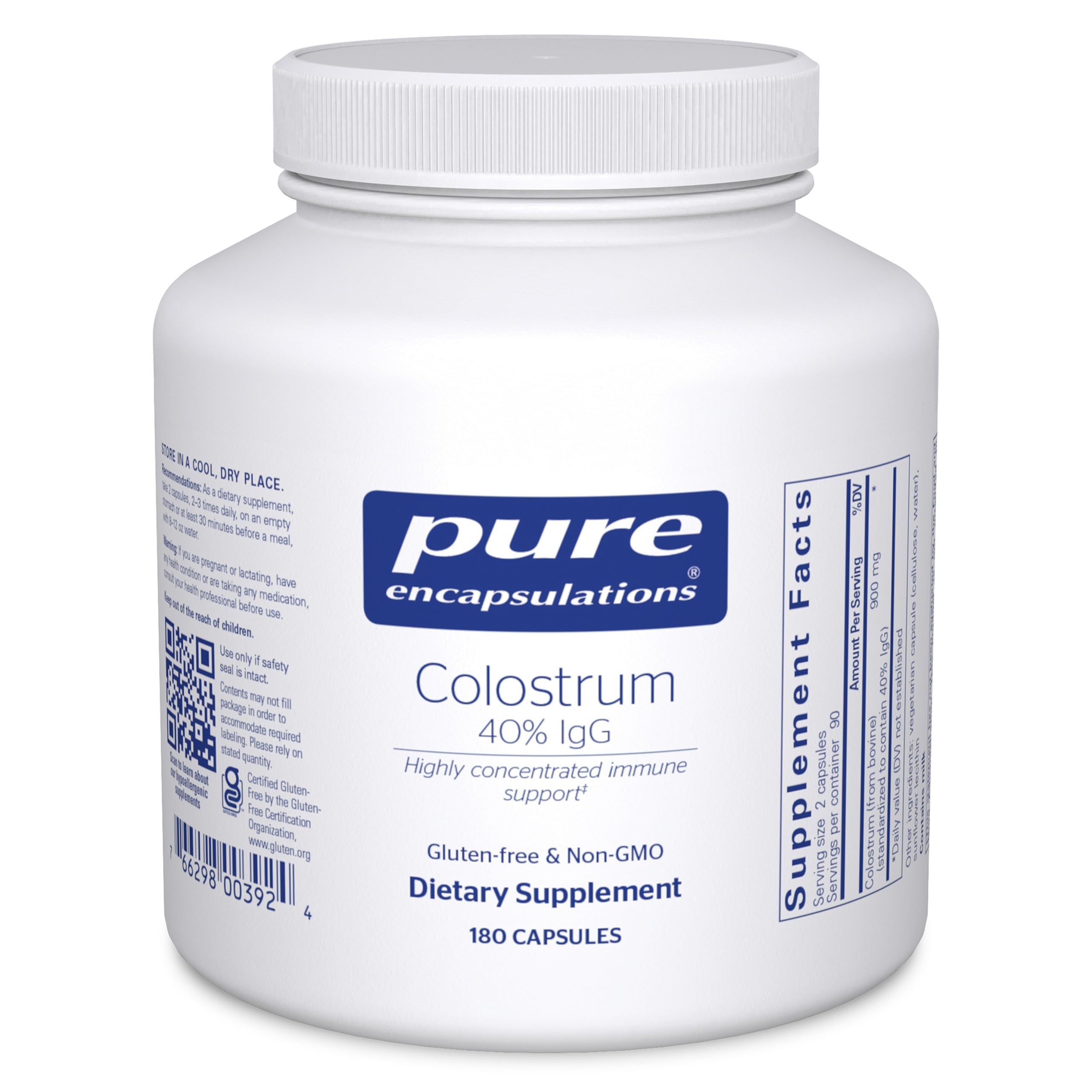 Pure Encapsulations Colostrum bottle signaling premium immune support for daily resilience.