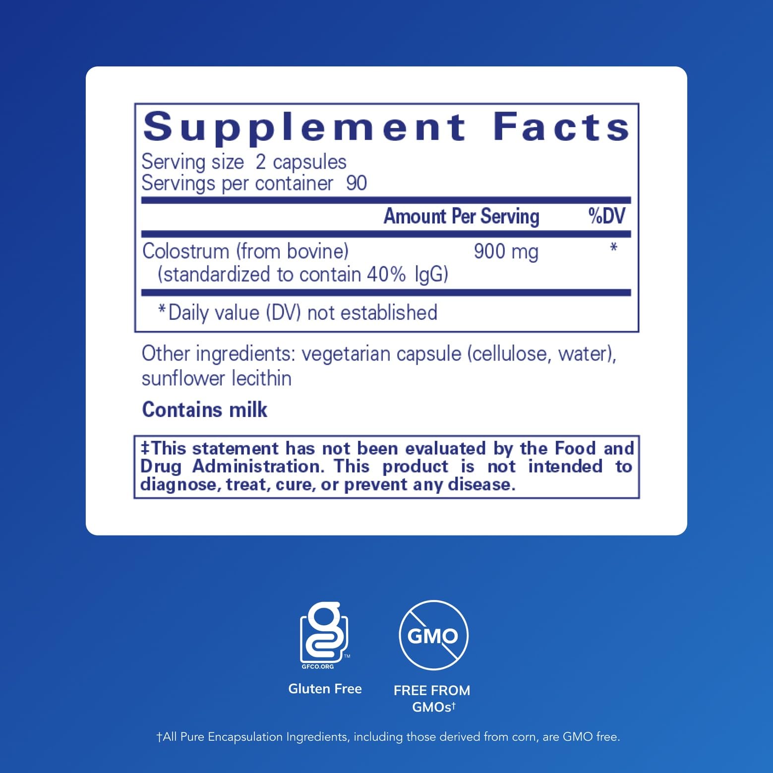 Pure Encapsulations Colostrum capsules close-up demonstrating purity for reliable daily use.