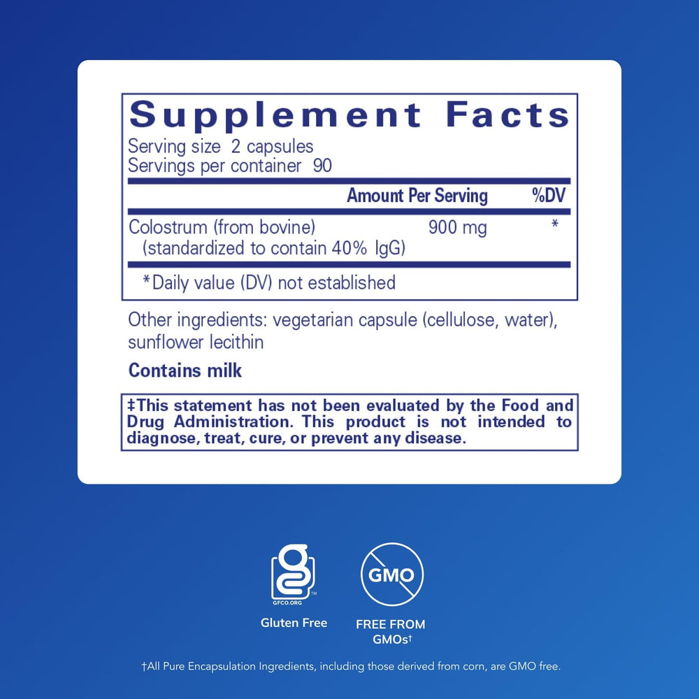 Pure Encapsulations Colostrum capsules close-up demonstrating purity for reliable daily use.