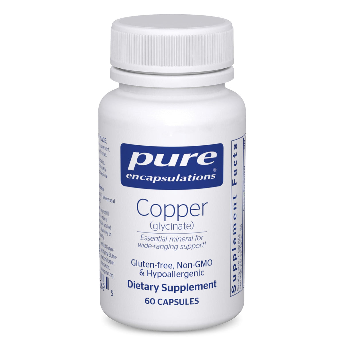 Pure Encapsulations copper glycinate bottle viewed from above, highlighting vegan mineral support