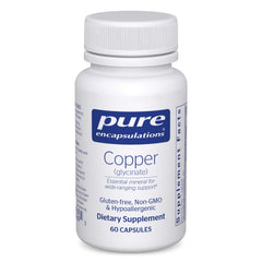 Pure Encapsulations copper glycinate bottle viewed from above, highlighting vegan mineral support