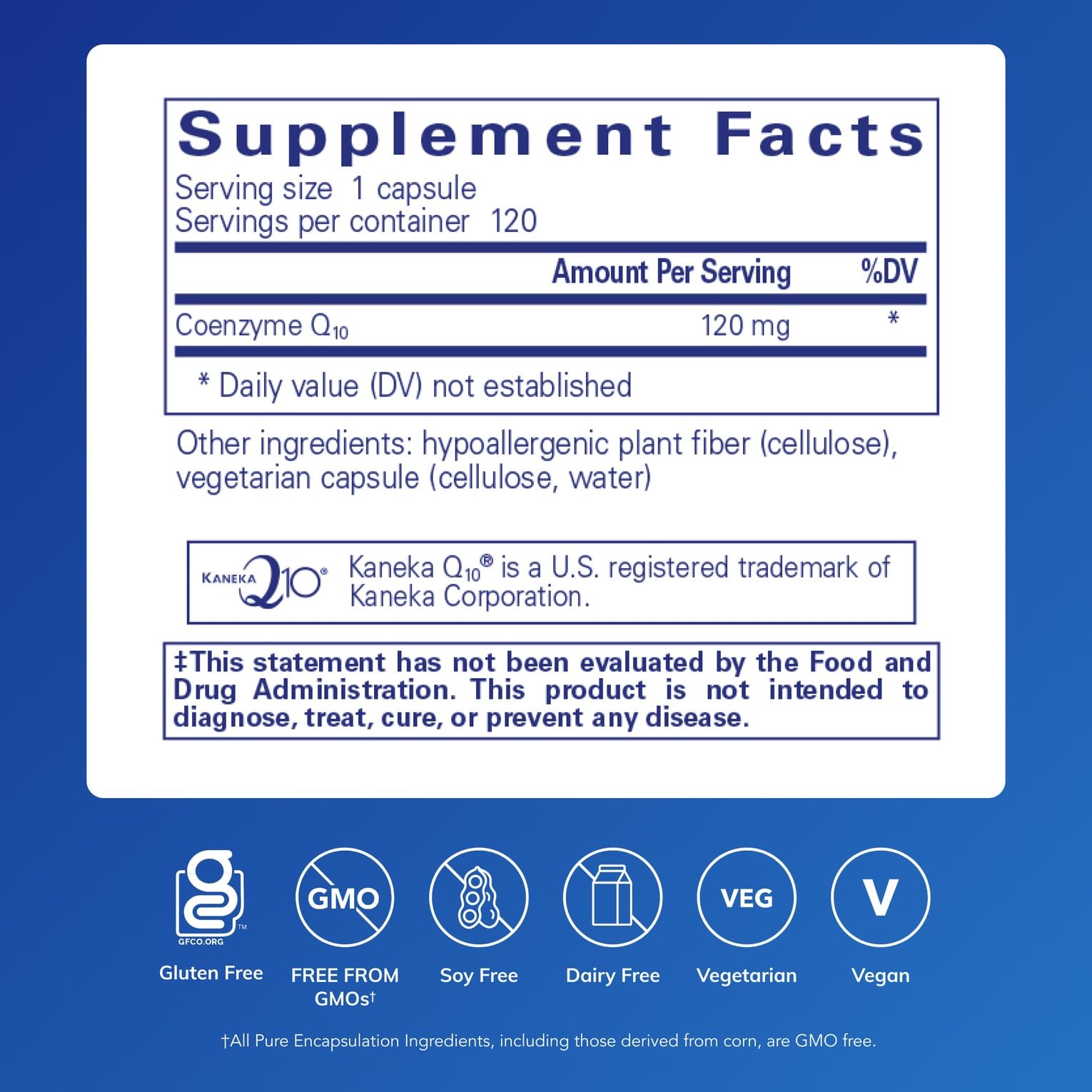 Pure Encapsulations CoQ10 120 mg bottle back label showing dosage and cardiovascular support