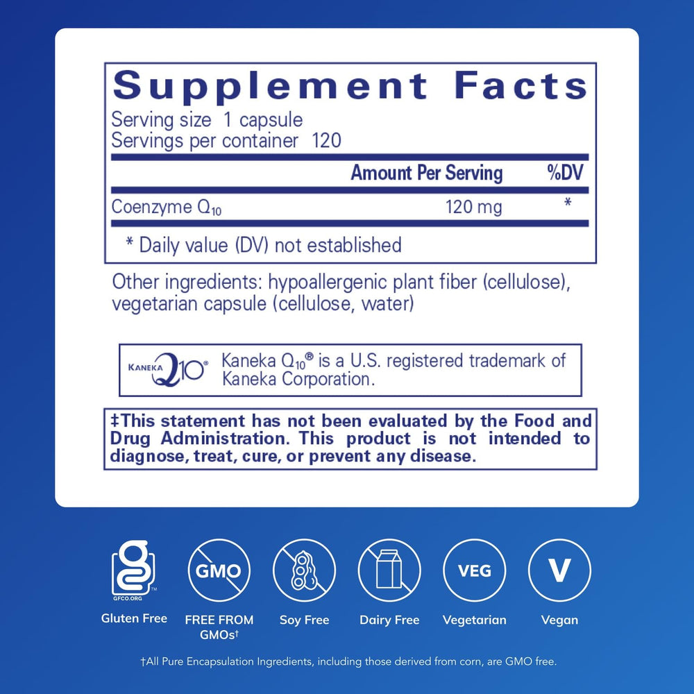 Pure Encapsulations CoQ10 120 mg bottle back label showing dosage and cardiovascular support