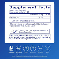 Pure Encapsulations CoQ10 120 mg bottle back label showing dosage and cardiovascular support