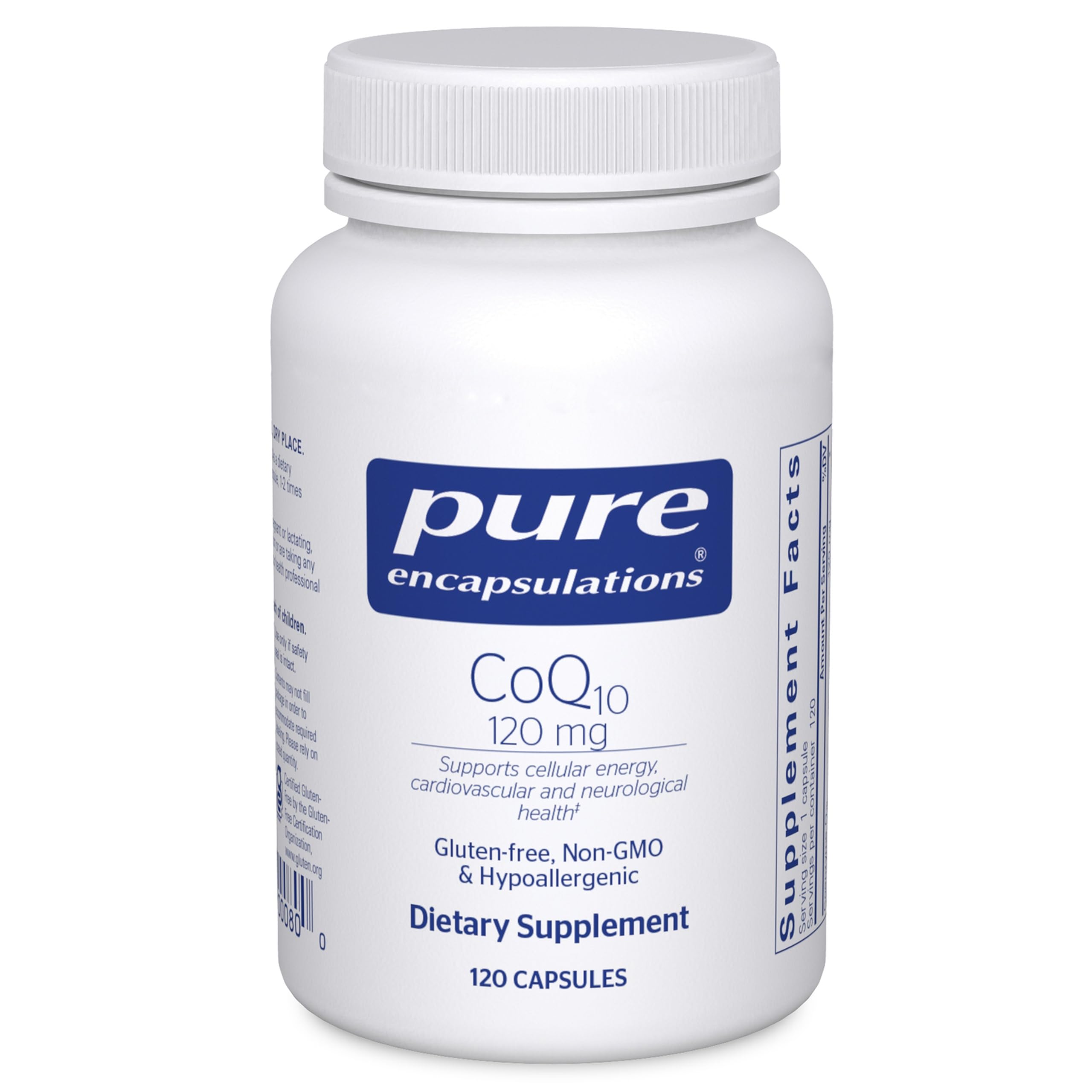 Pure Encapsulations CoQ10 120 mg bottle front view highlighting energy support potential