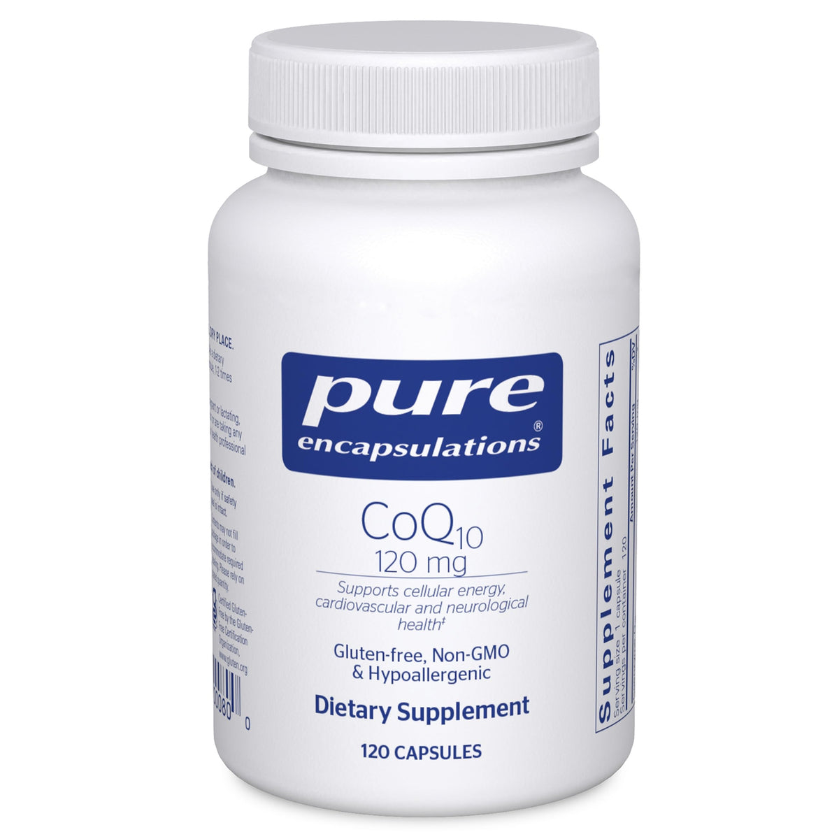 Pure Encapsulations CoQ10 120 mg bottle front view highlighting energy support potential