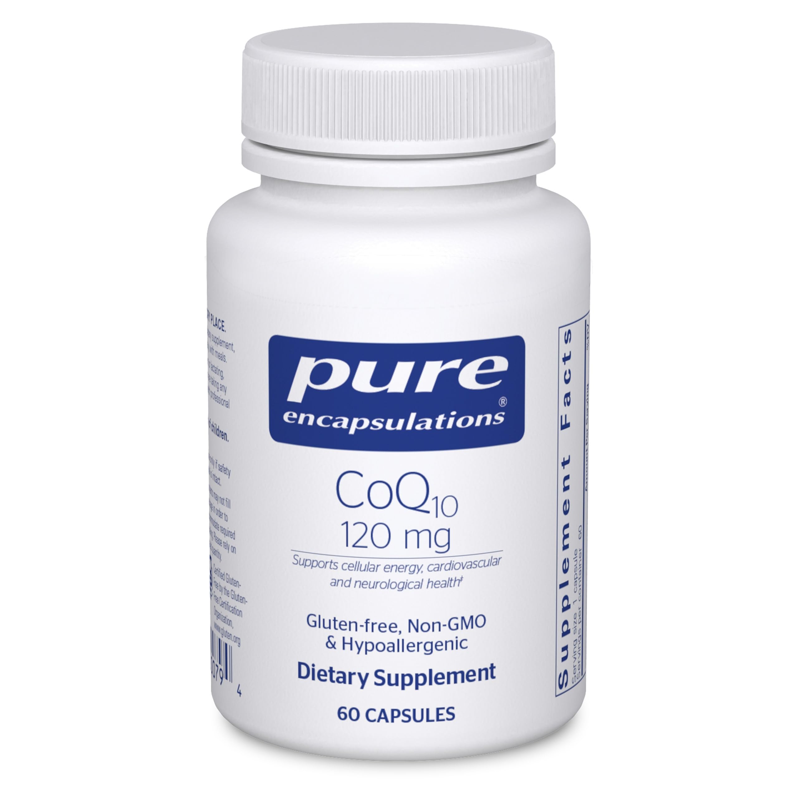 Pure Encapsulations CoQ10 120 mg bottle front promoting heart health.