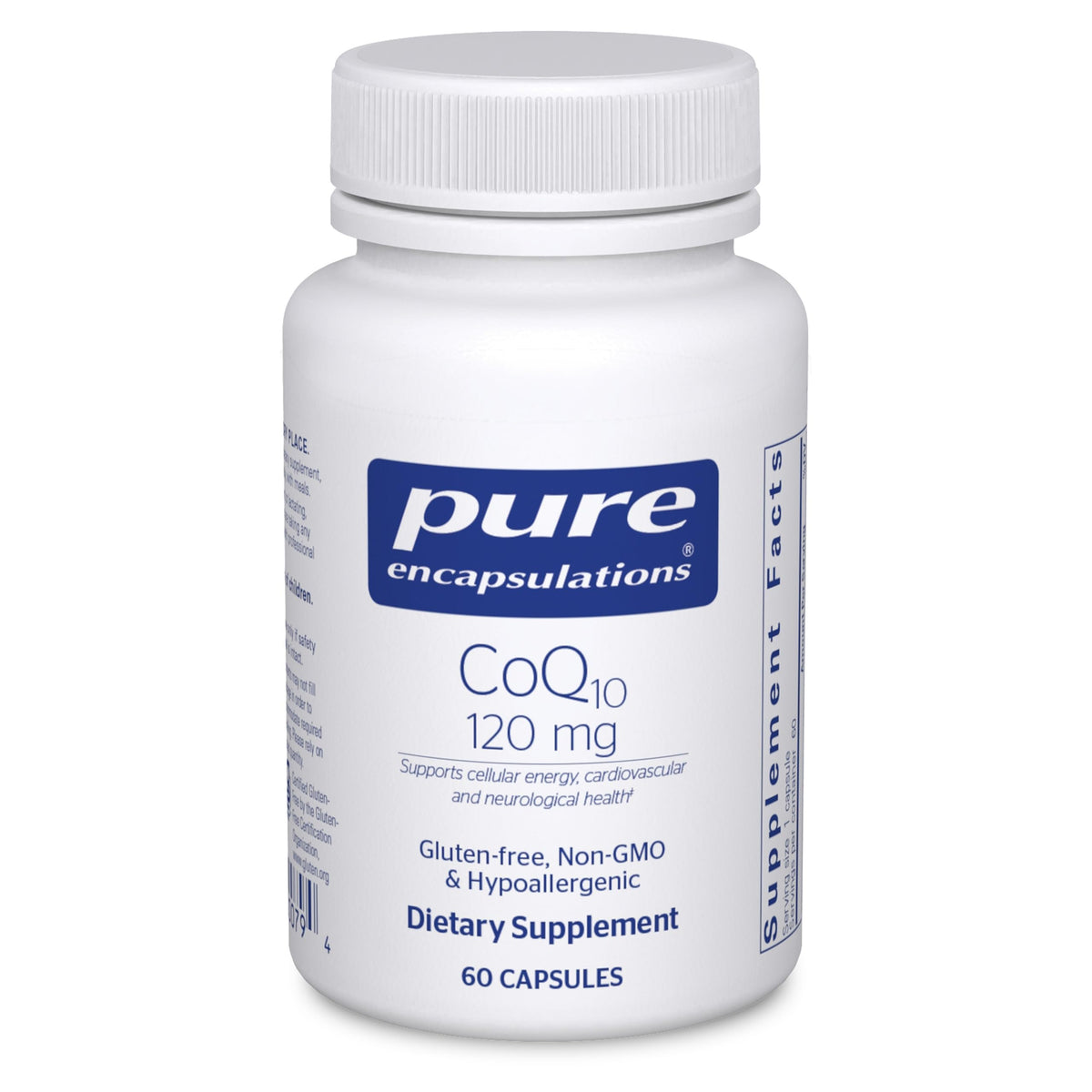 Pure Encapsulations CoQ10 120 mg bottle front promoting heart health.