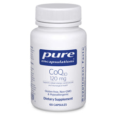 Pure Encapsulations CoQ10 120 mg bottle front promoting heart health.