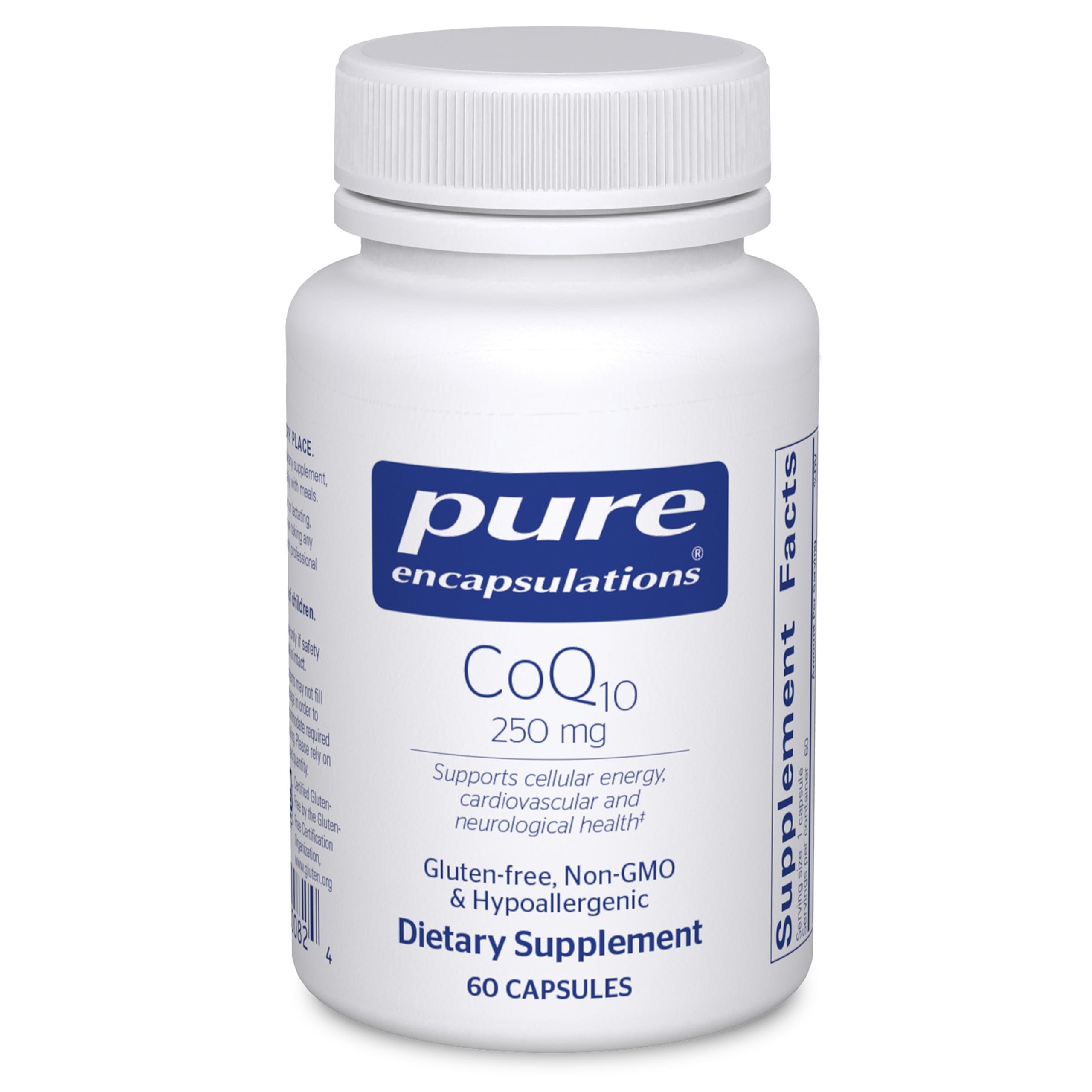 Pure Encapsulations CoQ10 250 mg brain support bottle front, supports brain energy and mitochondrial function.