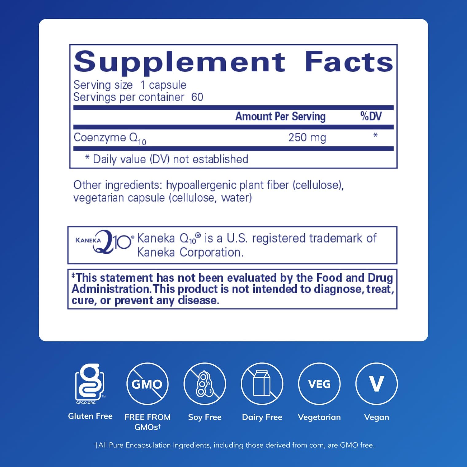 Pure Encapsulations CoQ10 250 mg capsules on bottle close-up, may support cellular energy.