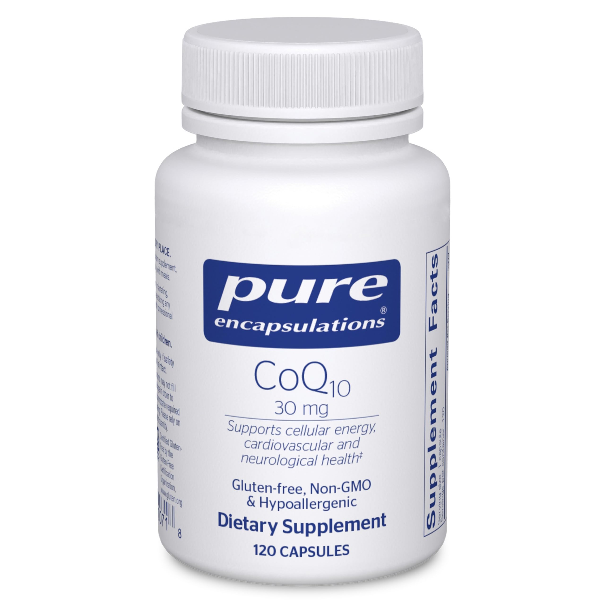Pure Encapsulations CoQ10 30 mg bottle front highlighting energy support