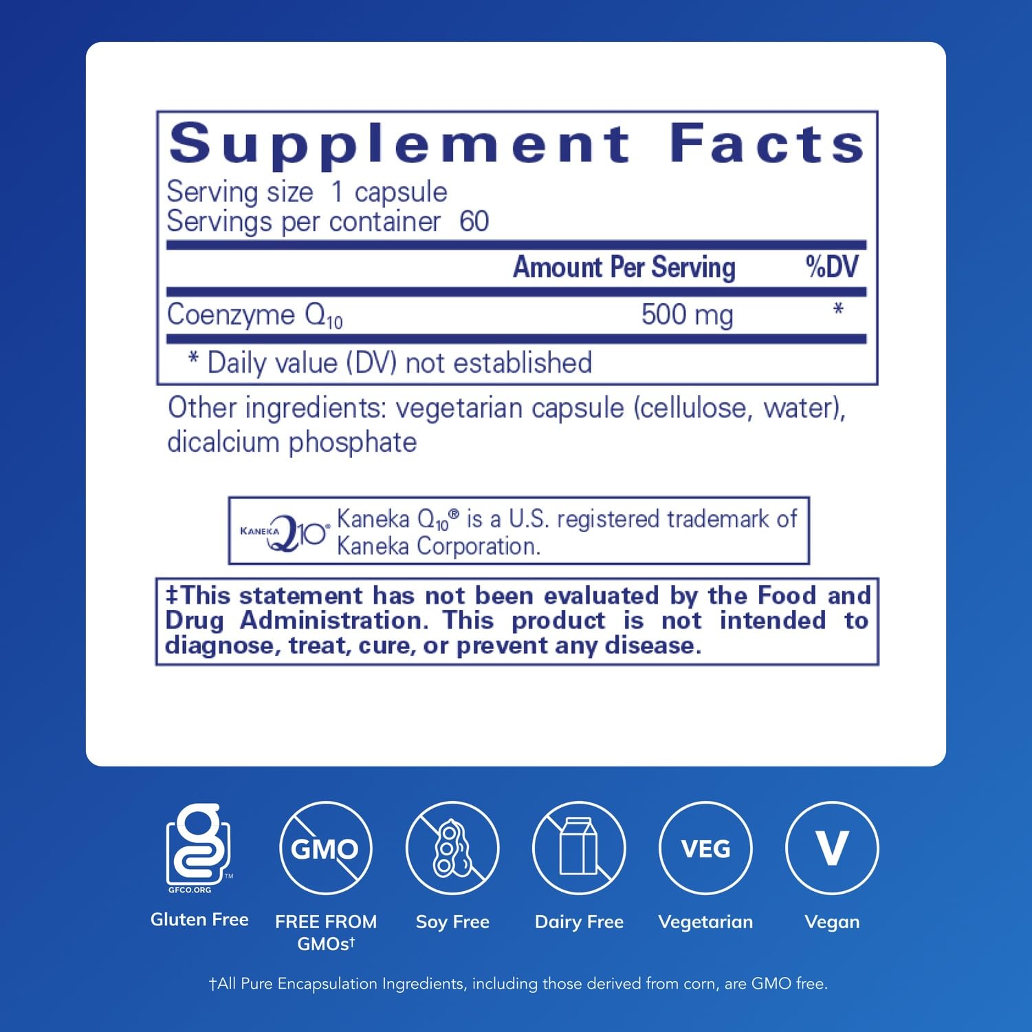 Pure Encapsulations CoQ10 500 mg capsules close-up shows easy-to-take daily form.