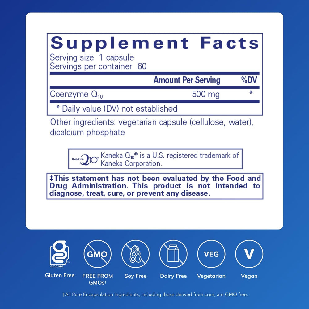 Pure Encapsulations CoQ10 500 mg capsules close-up shows easy-to-take daily form.