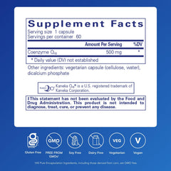 Pure Encapsulations CoQ10 500 mg capsules close-up shows easy-to-take daily form.