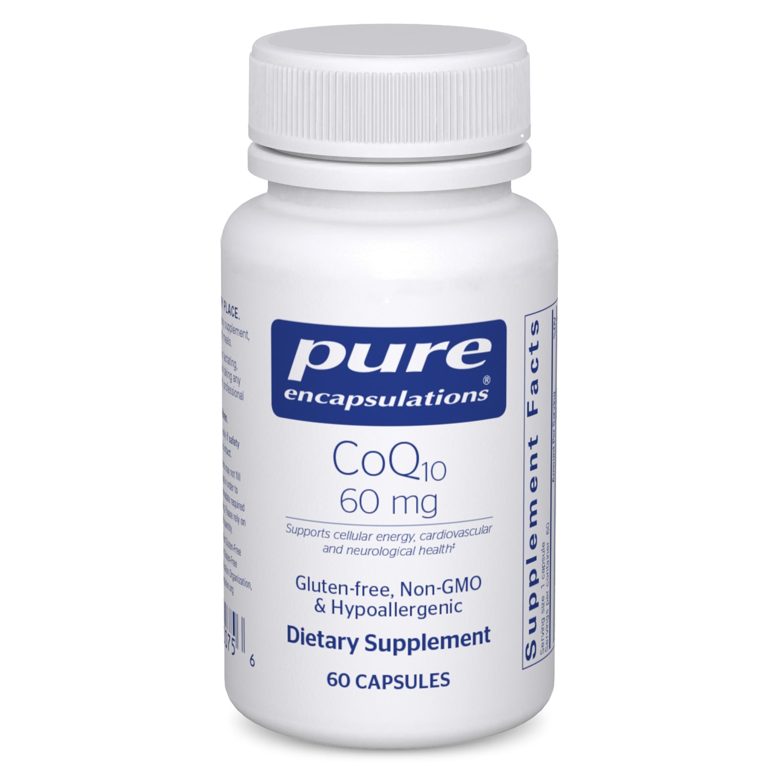 Pure Encapsulations CoQ10 60 mg bottle label highlighting potency for cellular energy
