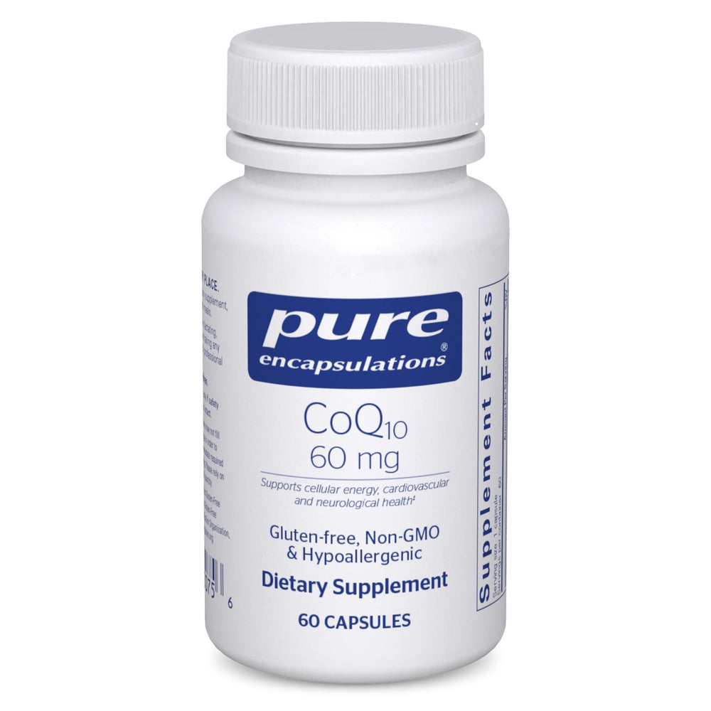 Pure Encapsulations CoQ10 60 mg bottle label highlighting potency for cellular energy