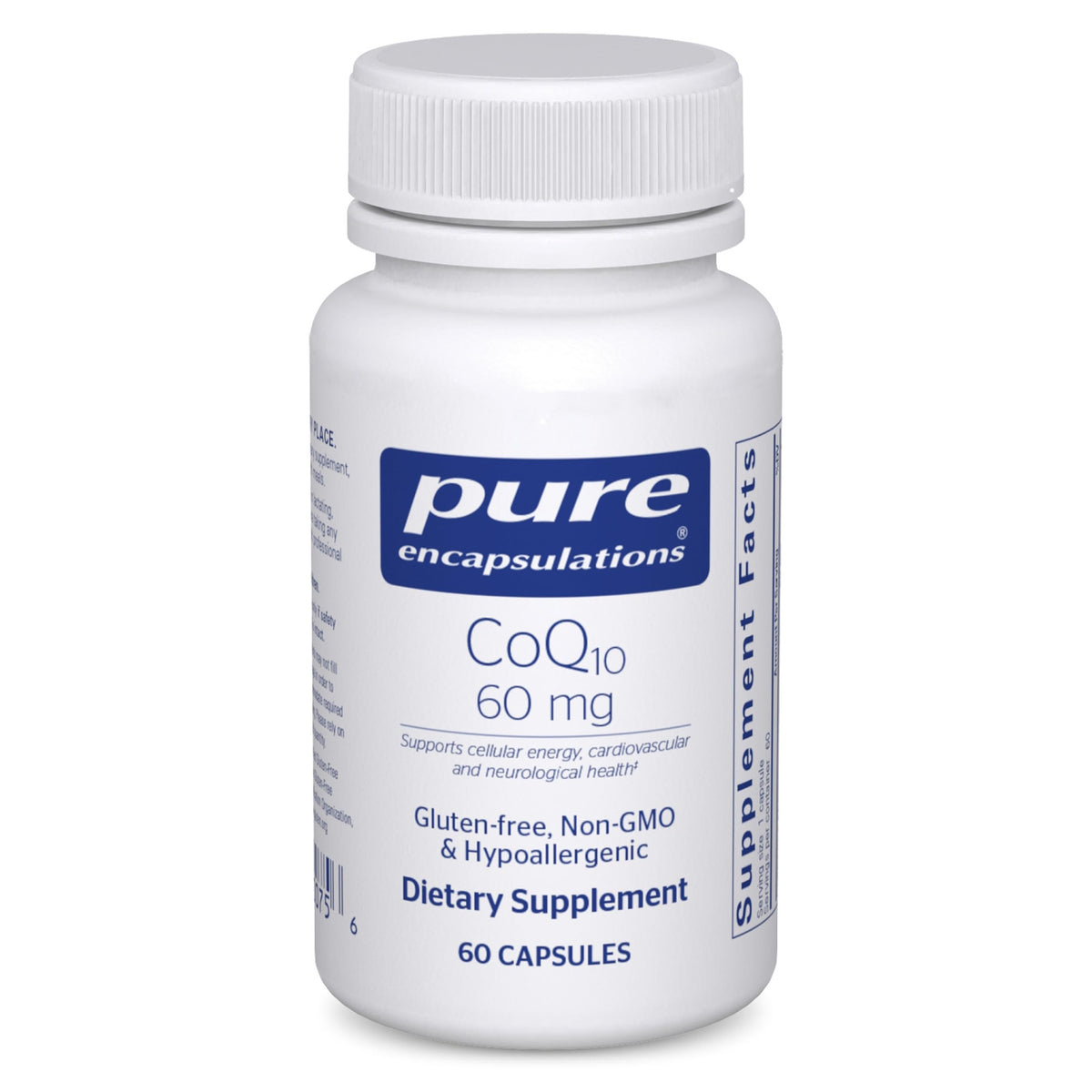 Pure Encapsulations CoQ10 60 mg bottle label highlighting potency for cellular energy