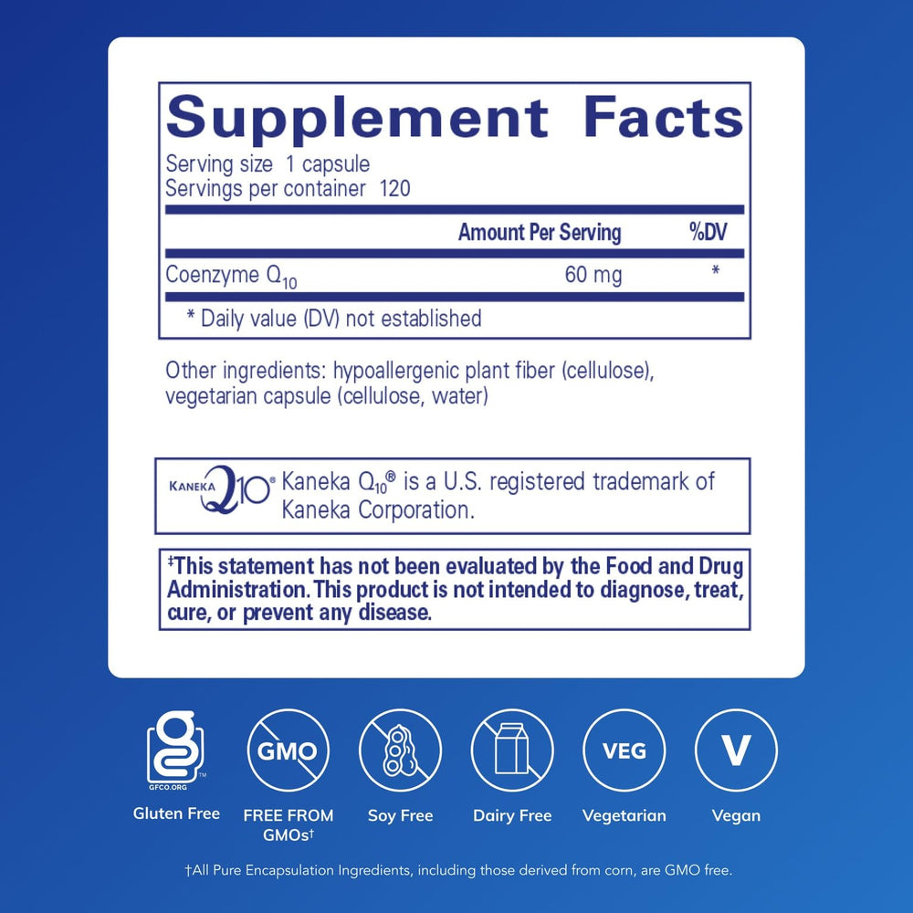 Pure Encapsulations CoQ10 60 mg bottle label close-up emphasizes purity and quality