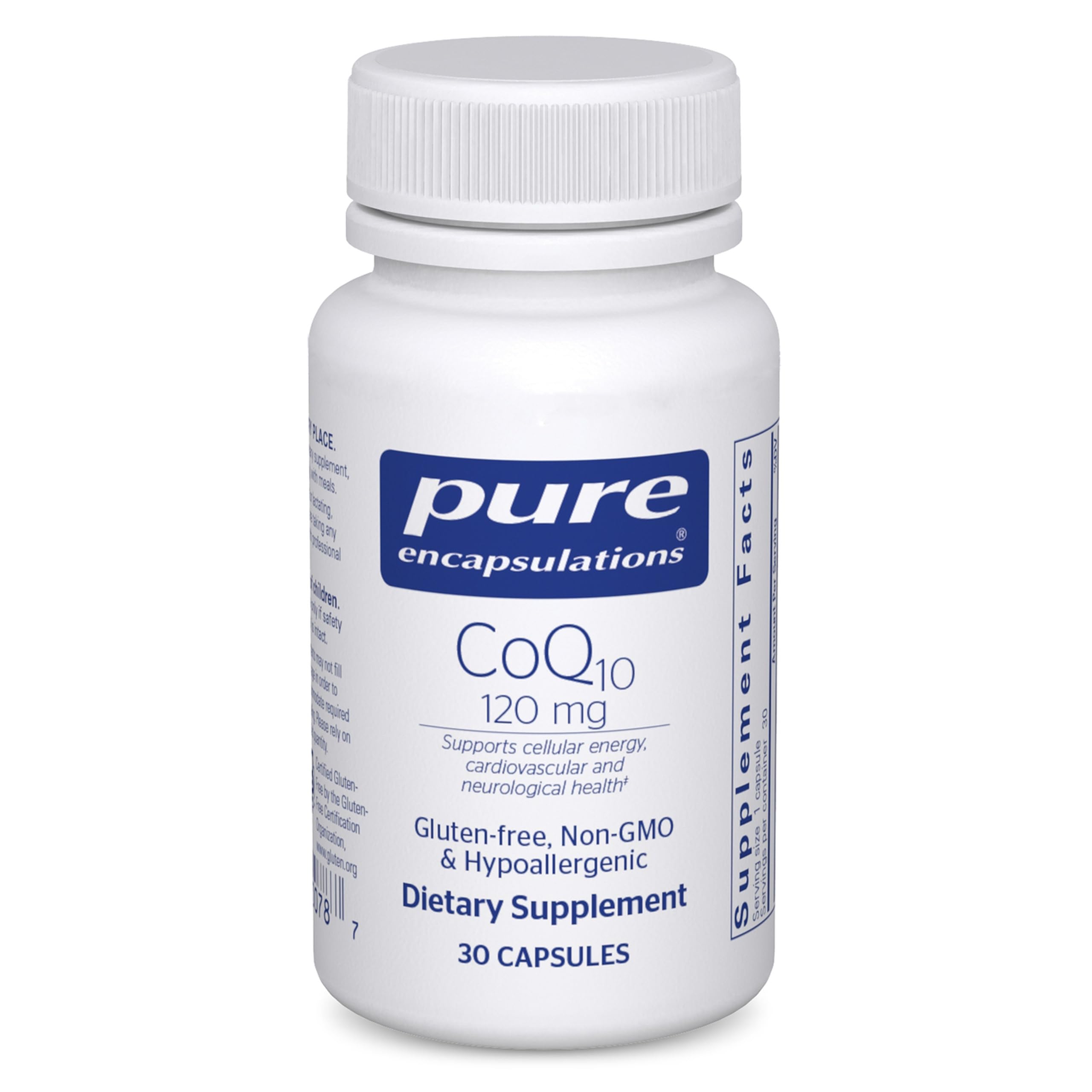 Pure Encapsulations CoQ10 bottle front view for daily heart health and energy support
