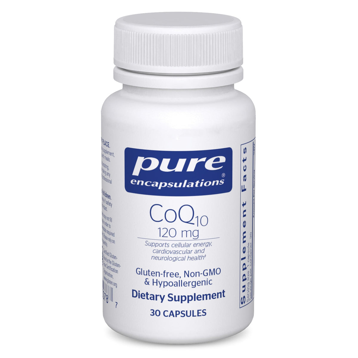 Pure Encapsulations CoQ10 bottle front view for daily heart health and energy support