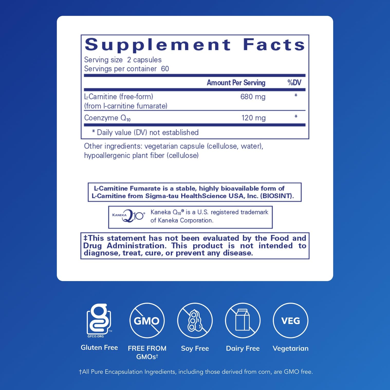 Pure Encapsulations CoQ10 L-Carnitine Fumarate label closeup highlights the formula details