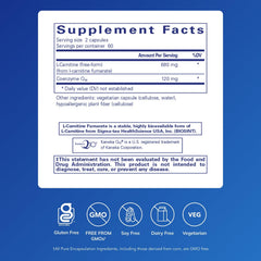 Pure Encapsulations CoQ10 L-Carnitine Fumarate label closeup highlights the formula details