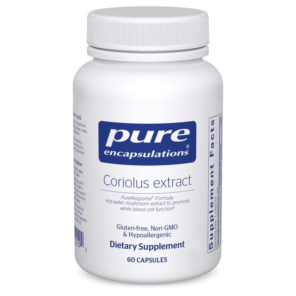 Pure Encapsulations Coriolus Extract bottle with capsules, beta-glucan rich for potential immune support.