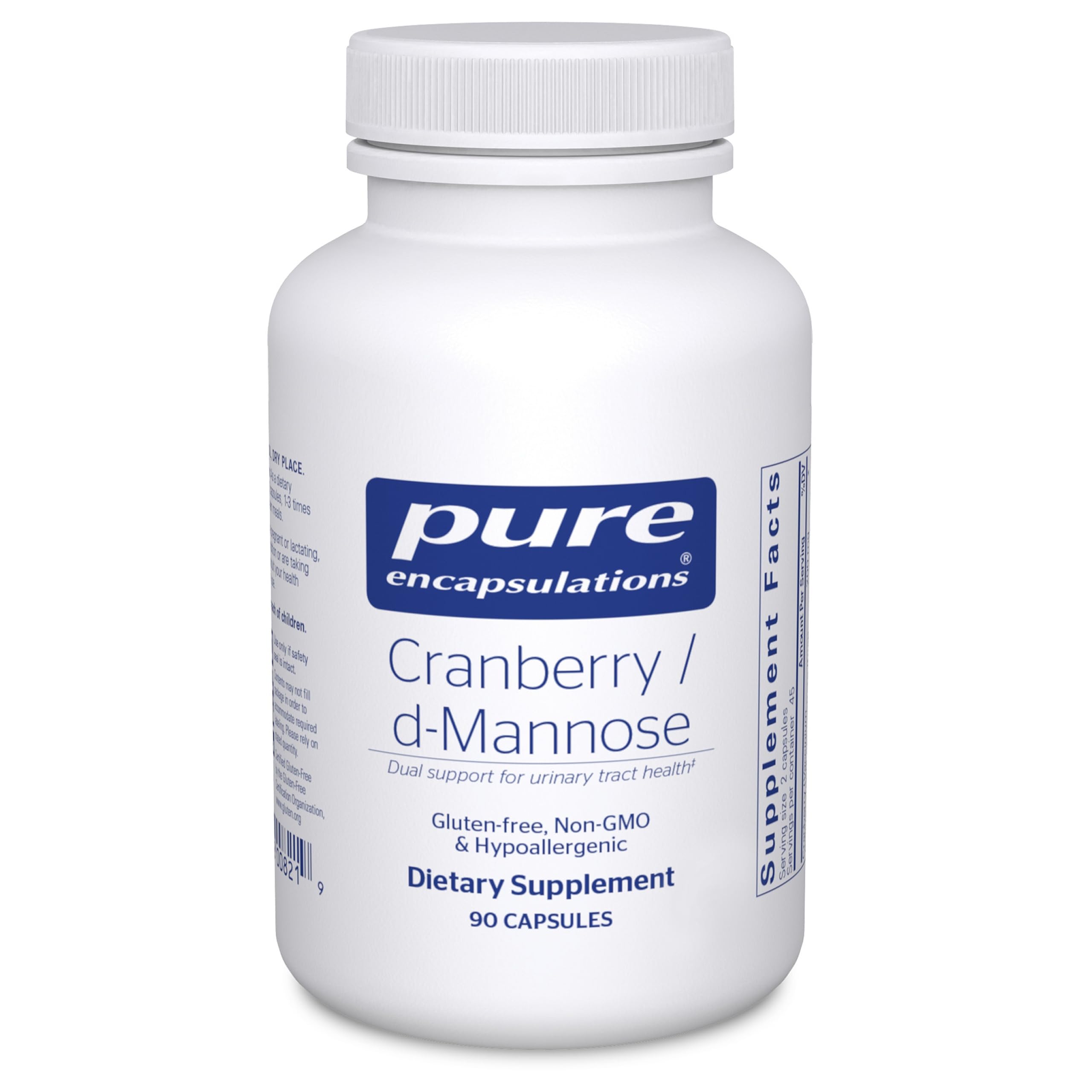 Pure Encapsulations Cranberry D-Mannose bottle front shows vegan, non-GMO capsules for urinary tract support.