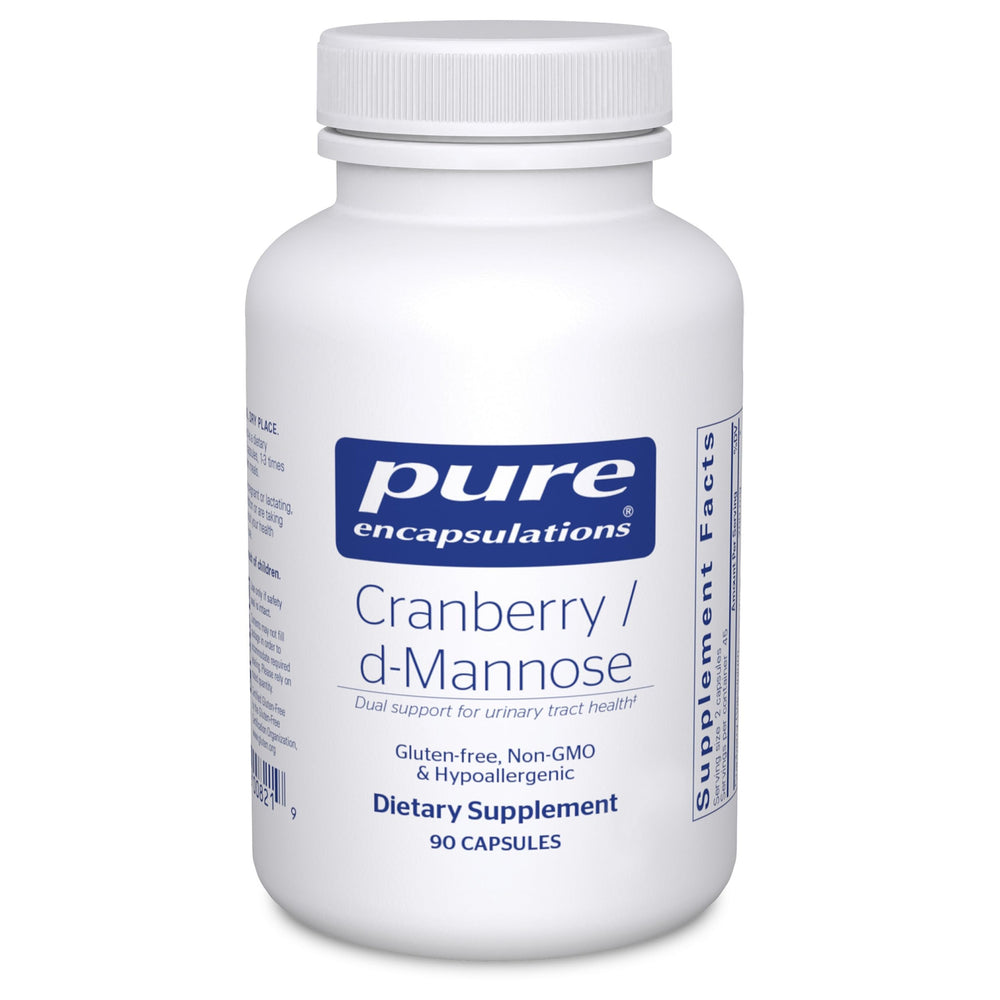 Pure Encapsulations Cranberry D-Mannose bottle front shows vegan, non-GMO capsules for urinary tract support.