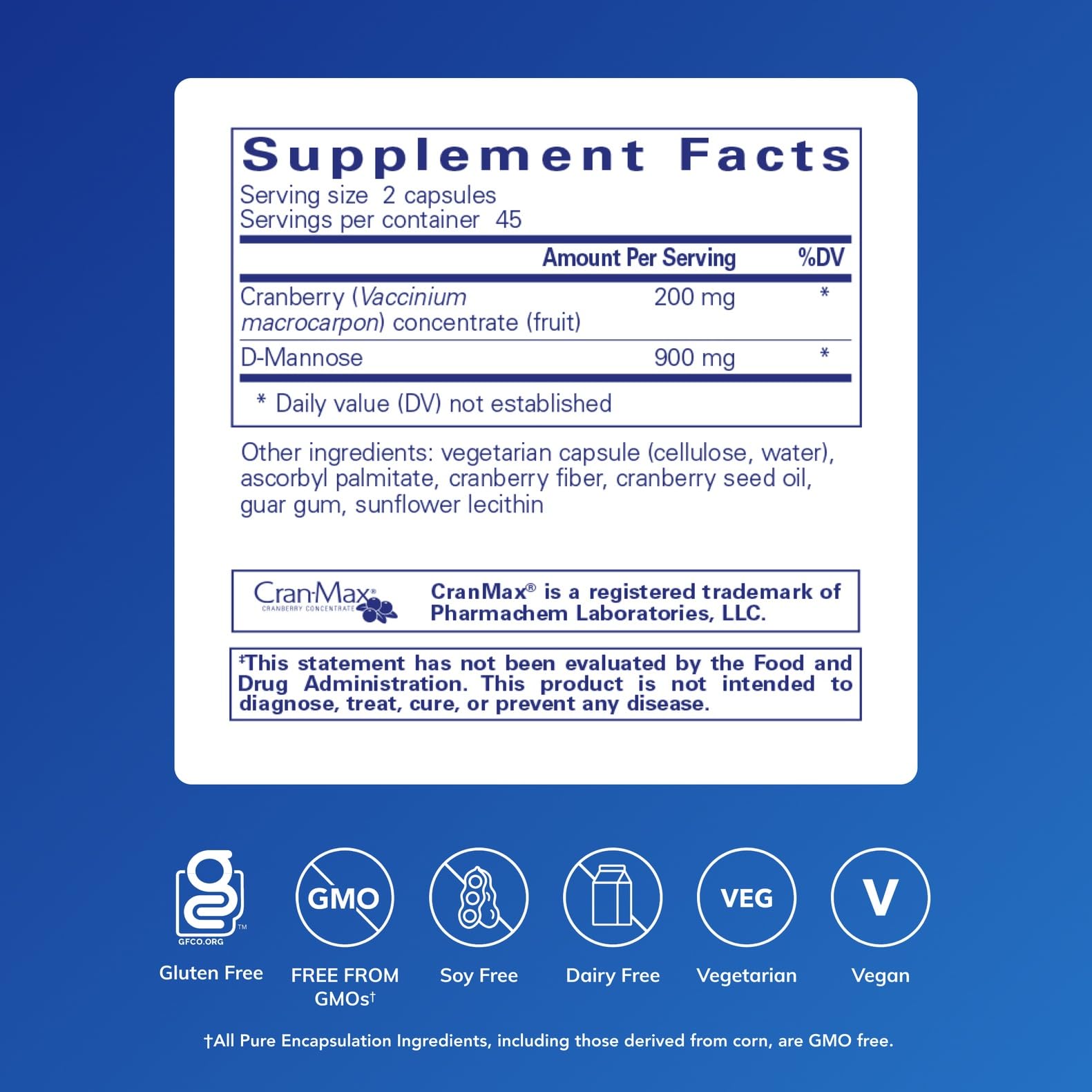 Closeup of Pure Encapsulations Cranberry D-Mannose capsules highlighting vegan formulation for urinary support.
