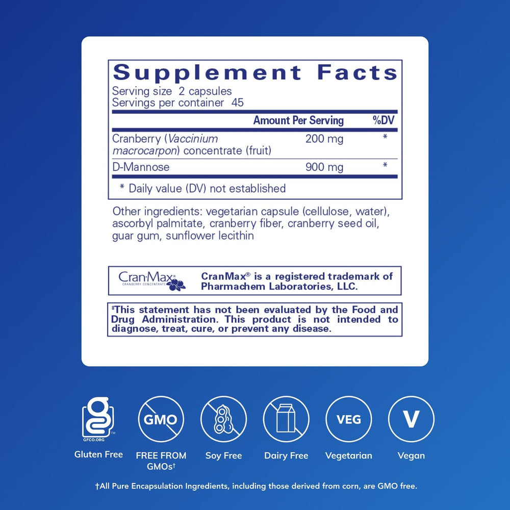 Closeup of Pure Encapsulations Cranberry D-Mannose capsules highlighting vegan formulation for urinary support.