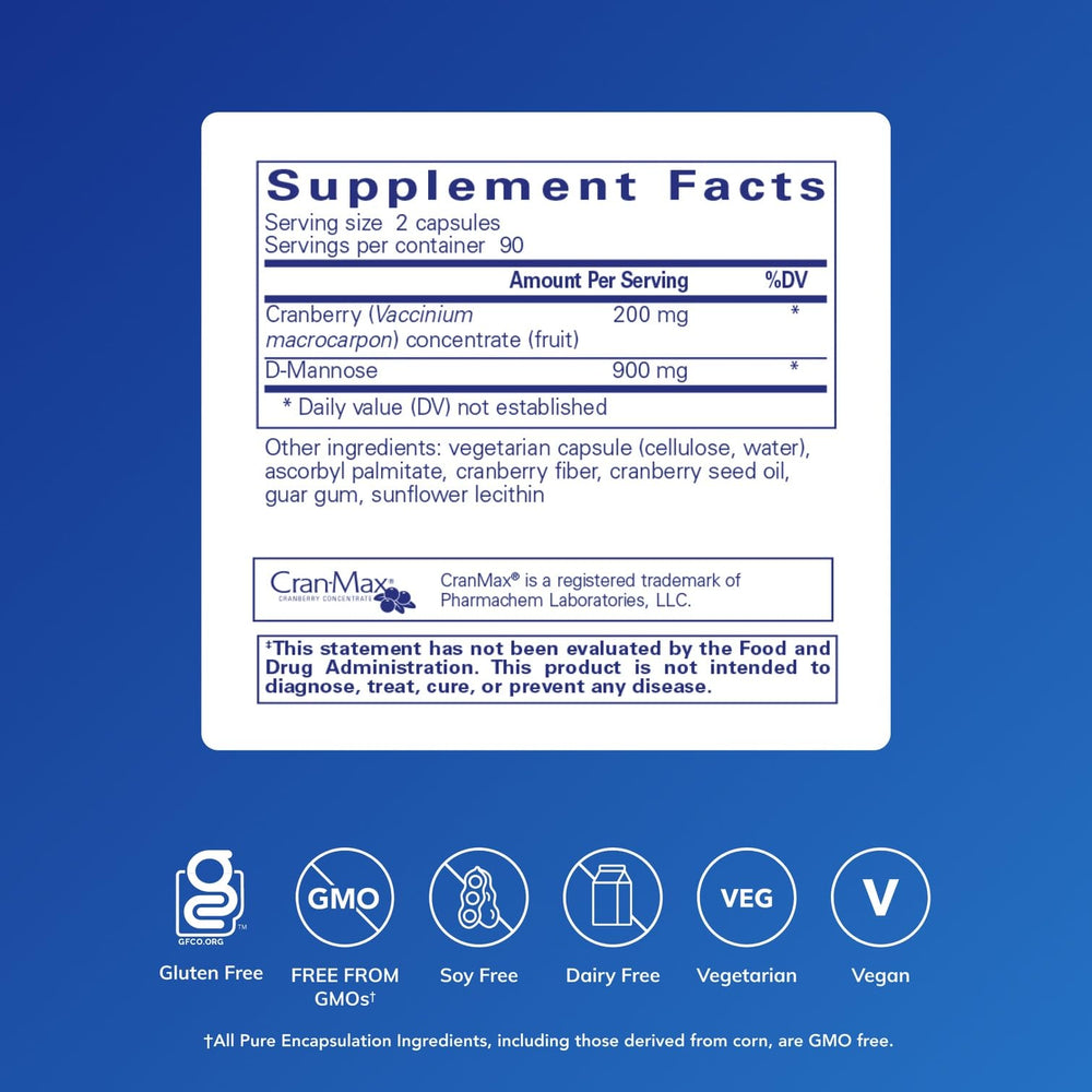 Close-up of Pure Encapsulations Cranberry D-Mannose capsules, vegan and non-GMO