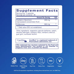 Closeup of Pure Encapsulations Cranberry D-Mannose capsules highlighting vegan formulation for urinary support.