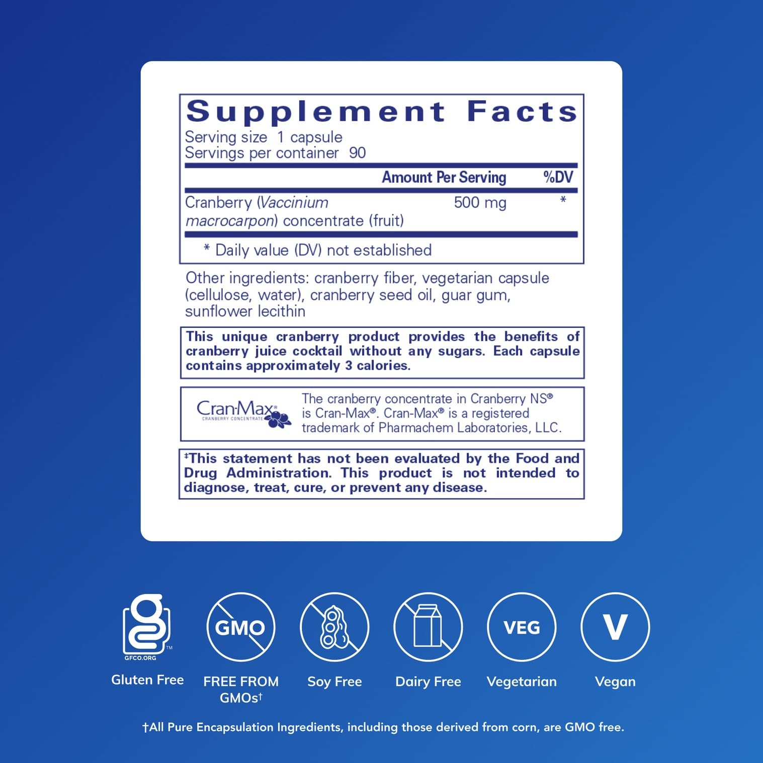 Pure Encapsulations Cranberry NS bottle side highlighting allergy-friendly formulation.