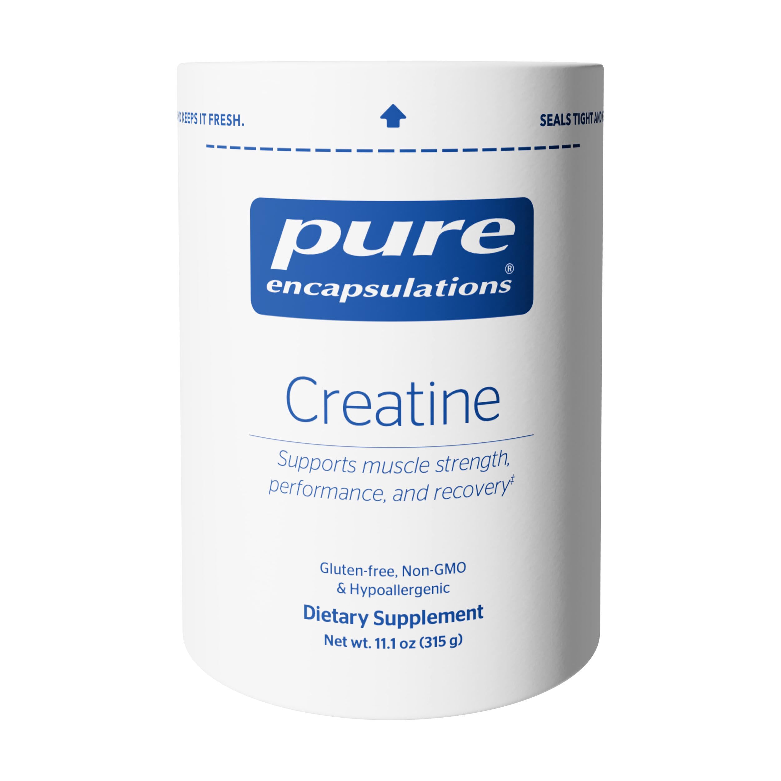 Pure Encapsulations Creatine bottle label shows branding and performance support.