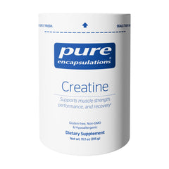 Pure Encapsulations Creatine bottle label shows branding and performance support.