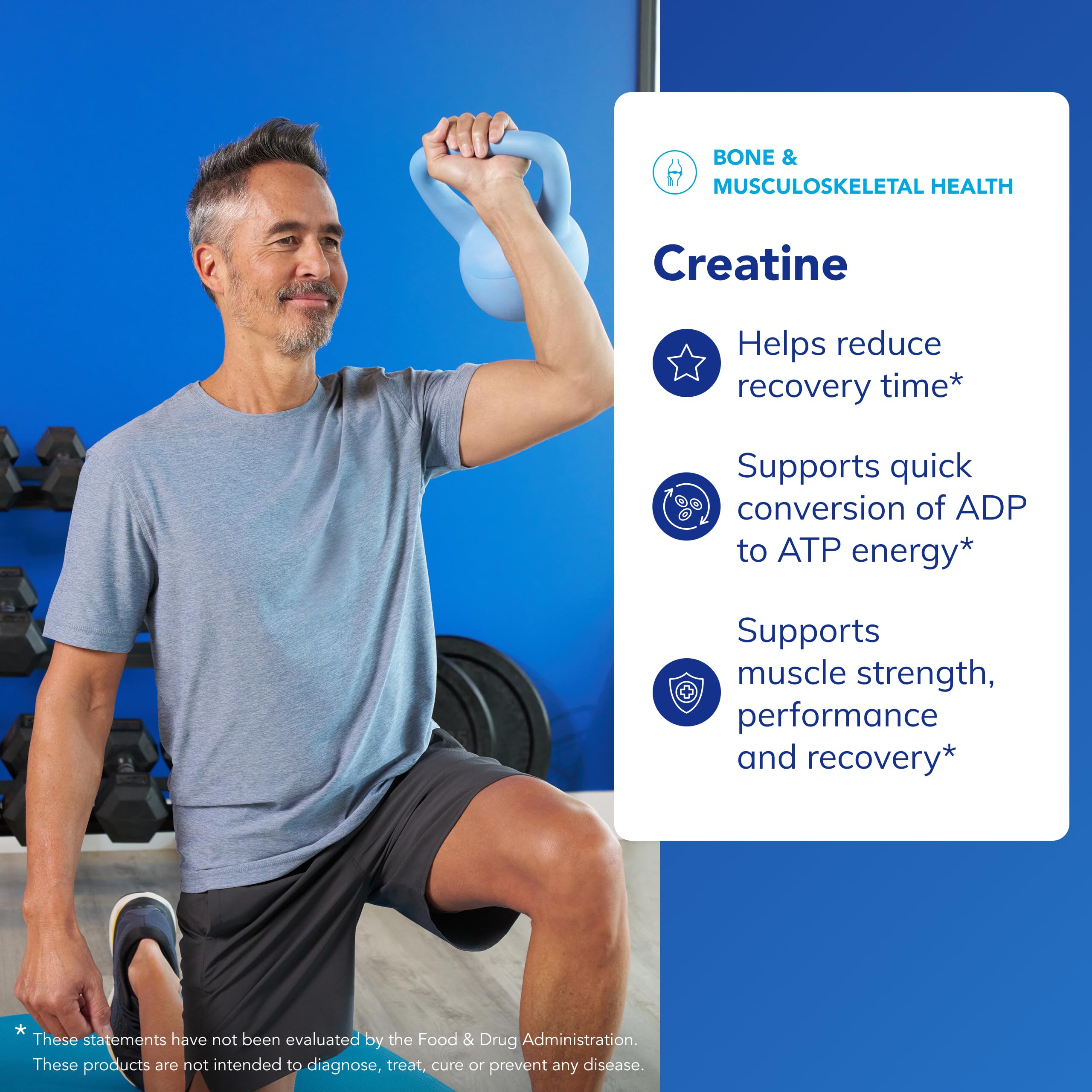 Scoop of creatine powder beside a glass illustrates convenient daily mixing.