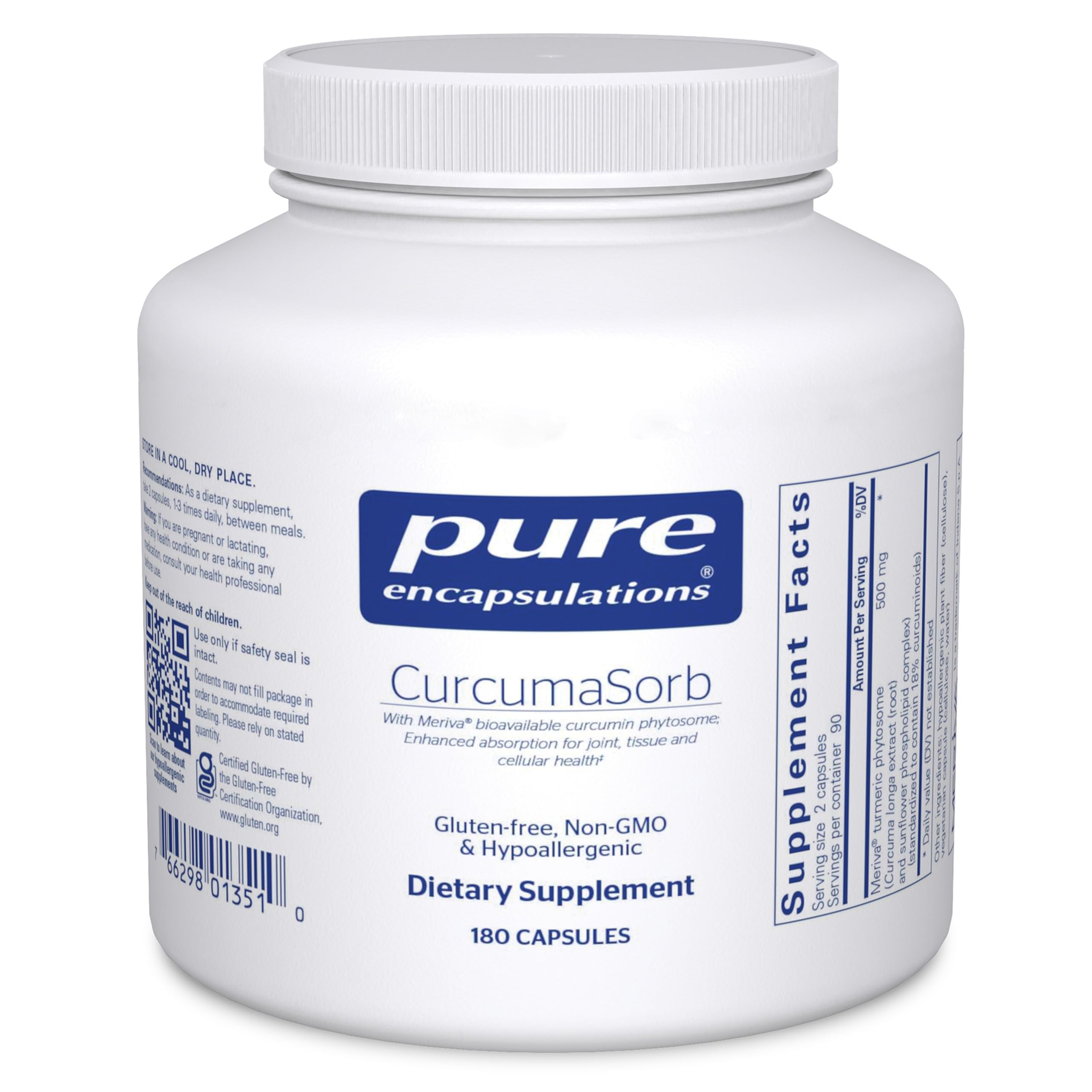 Pure Encapsulations CurcumaSorb 180s bottle with capsules for daily joint support.