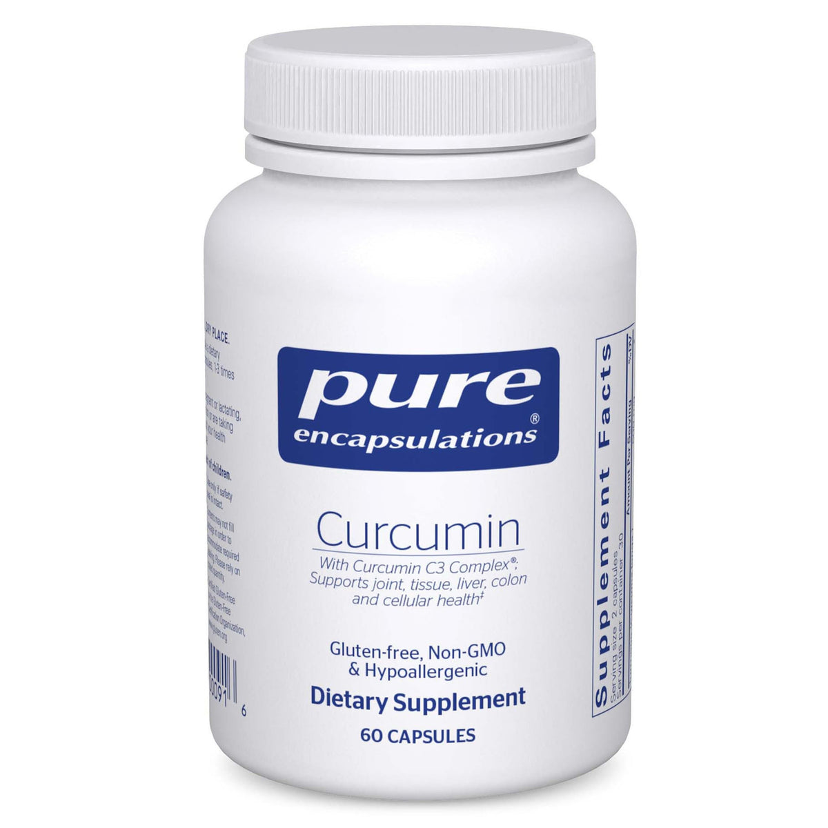 Pure Encapsulations Curcumin bottle demonstrating vegan, non-GMO supplement for joint and liver support.