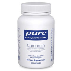 Pure Encapsulations Curcumin bottle demonstrating vegan, non-GMO supplement for joint and liver support.