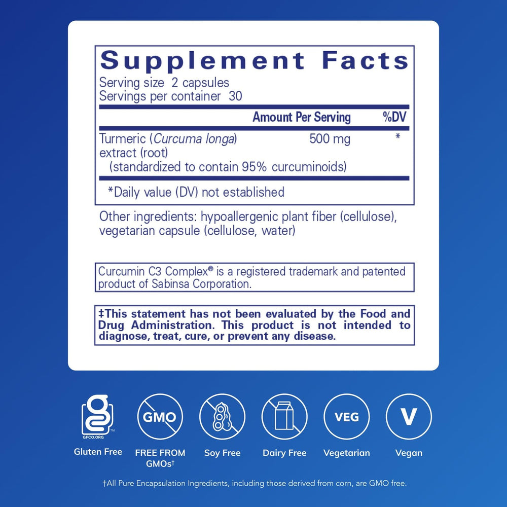 Pure Encapsulations Curcumin capsules closeup highlight turmeric-based formula for tissue health.
