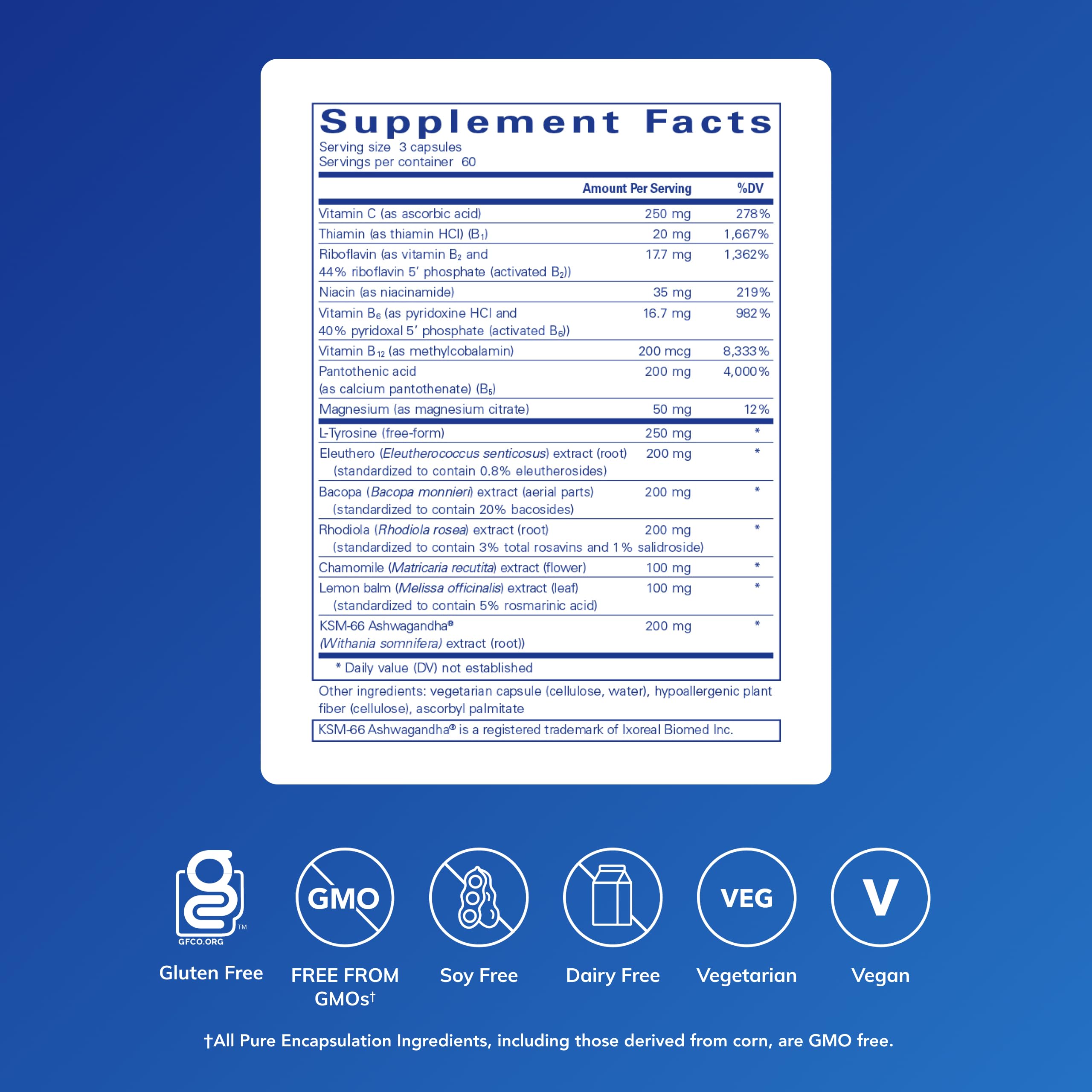 Pure Encapsulations Daily Stress Formula bottle label highlighting key ingredients