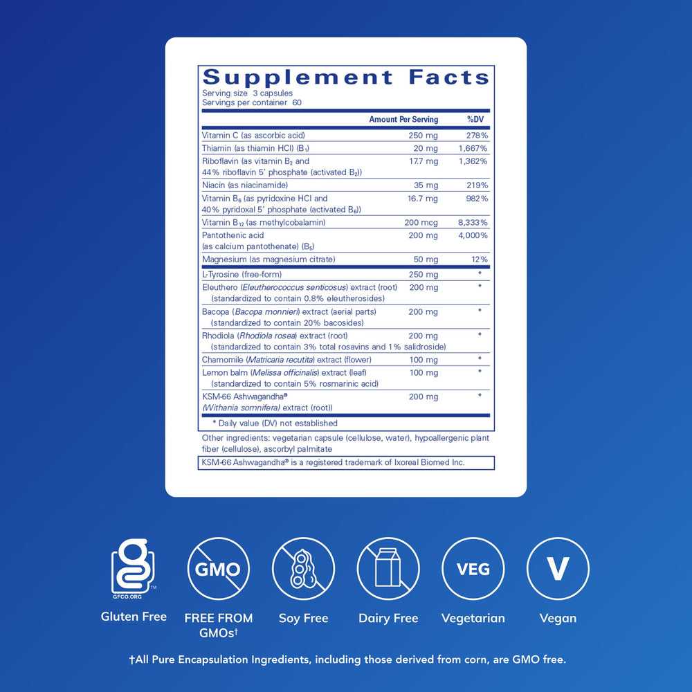 Pure Encapsulations Daily Stress Formula bottle label highlighting key ingredients